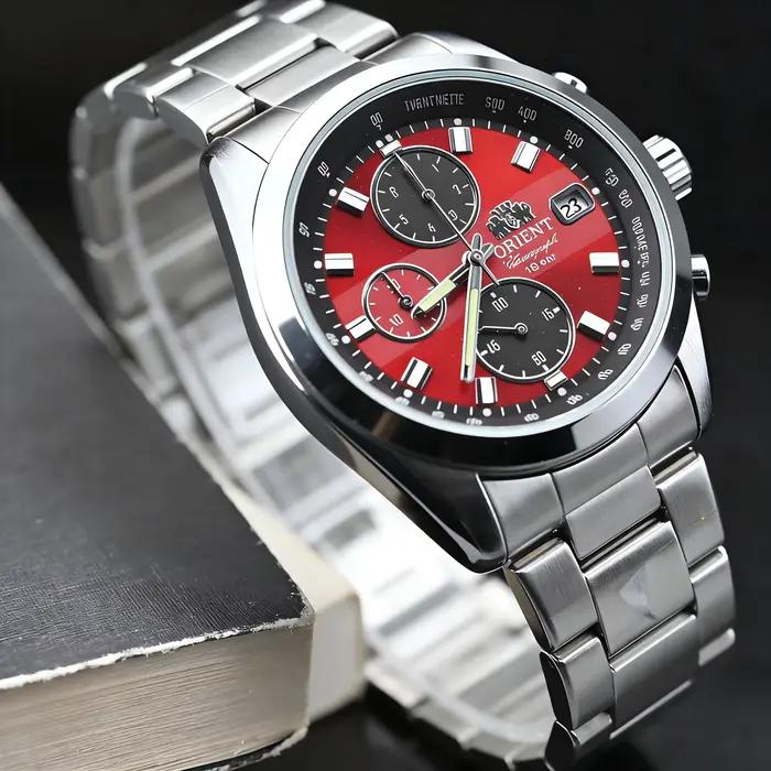 Orient Montre chronographe à quartz pour homme, cadran rouge, bracelet en acier inoxydable, montre-b