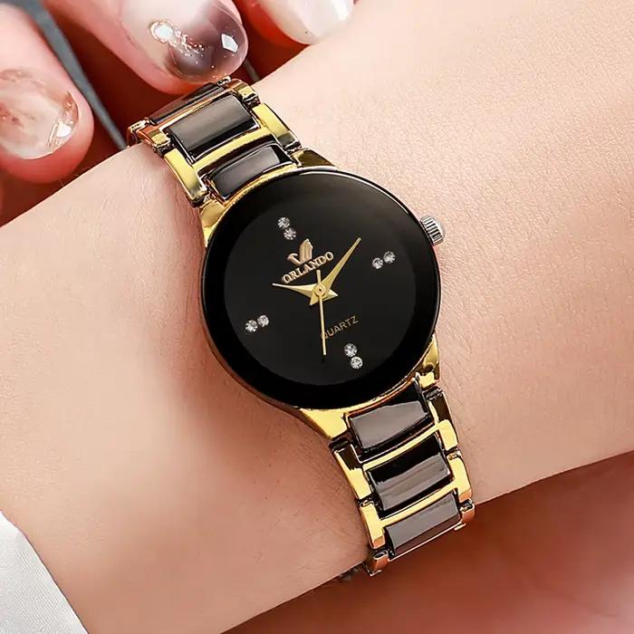 Montre à quartz avec bracelet en acier noir pour femme, horloge habillée pour femme, mode