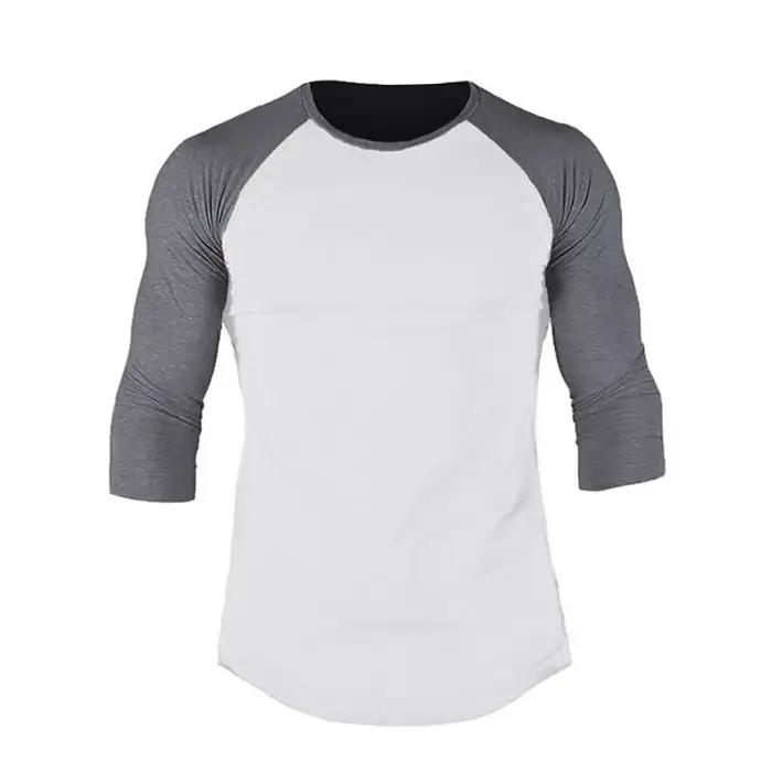 Chemise de sport à manches trois quarts pour hommes, vêtements d'entraînement de Fitness en coton re