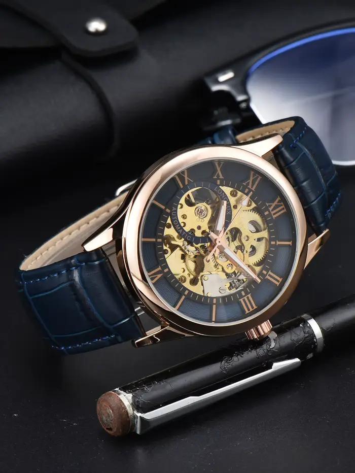 Montre automatique de luxe pour hommes, montres mécaniques rome, squelette étanche, cuir noctilucent