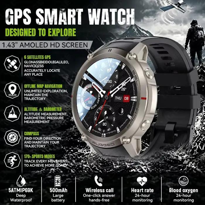 Montre connectée GPS avec carte hors ligne, étanche 5ATM, batterie 500mAh, boussole, altimètre, mili
