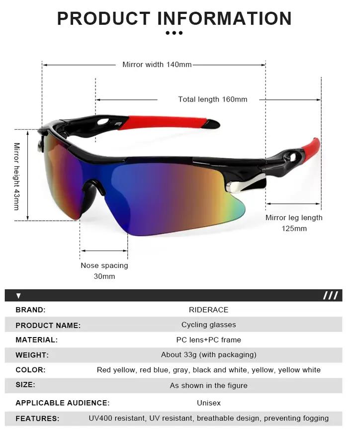 RIDERACE Sport Hommes Lunettes De Soleil Route Vélo Lunettes De Montagne Cyclisme Équitation Protect