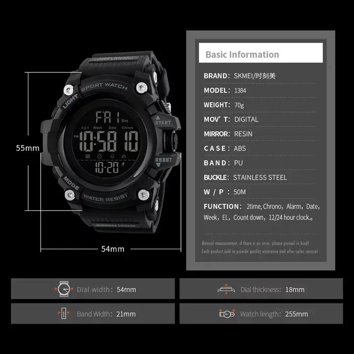 SKMEI 1384 montre électronique de Sport étanche pour hommes montres-bracelets numériques militaires pour hommes horloge antichoc 1358 Reloj Masculino