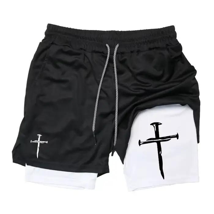 Short de course d'entraînement homme 2 en 1 polyester graphique croisé poche téléphone et boucle serviette pour course à pied et gymnastique