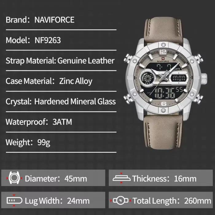 NAVIFORCE NF9263 montre étanche affichage lumineux bracelet en cuir véritable multi-fonction chronographe compte à