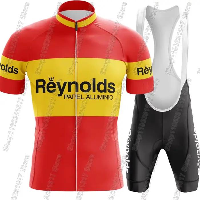 Ensemble de cyclisme rétro Reynolds maillot et cuissard de vélo de route et VTT pour hommes été polyester et Lycra styles vintage multicolores