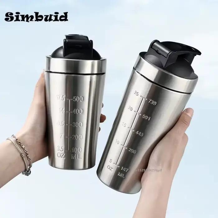 Bouteille shaker en acier inoxydable pour sportifs, fitness, gym, avec échelle à bille, anti-fuite, pour mélange de protéines et hydratation, en gris clair, jaune clair, vert clair, lassant