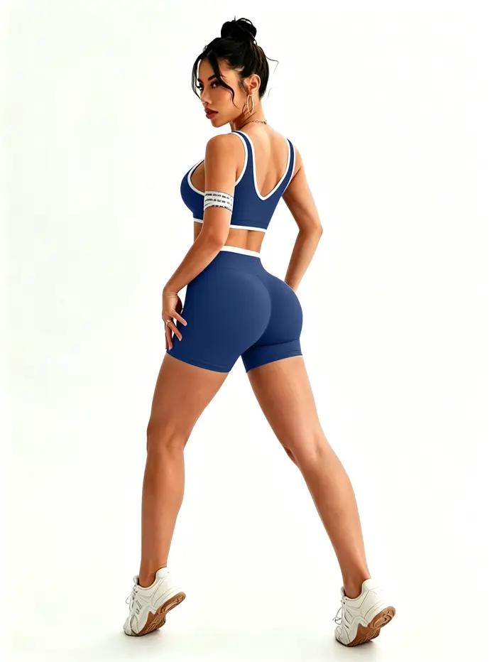 Ensemble de sport pour femme : short taille haute croisée et débardeur moulant dos nu contrastant