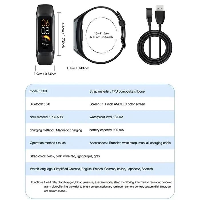 Hommes femmes podomètre Sport Fitness Tracker Amoled bande intelligente Pro fréquence cardiaque sang montre IP67 étanche Bracelet intelligent