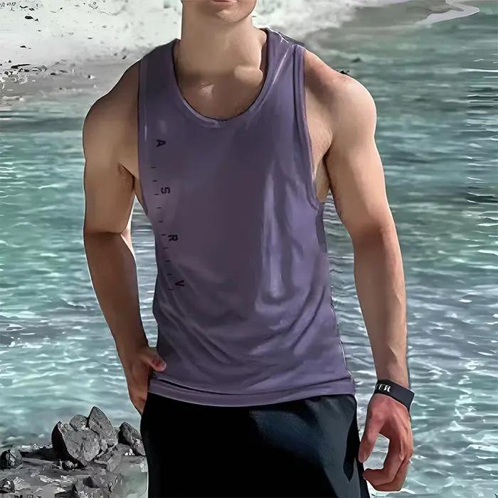 Débardeur sportif ASRV en nylon et élasthanne pour hommes, décontracté et respirant, idéal pour la course, le basket et le fitness, disponible en beige, bleu ou noir