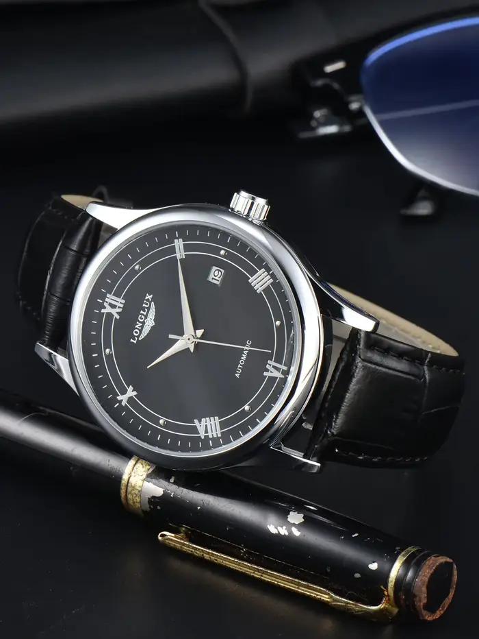 LONGLUX automatique homme montre en gros montres mécaniques simple polyvalent date étanche mode cuir