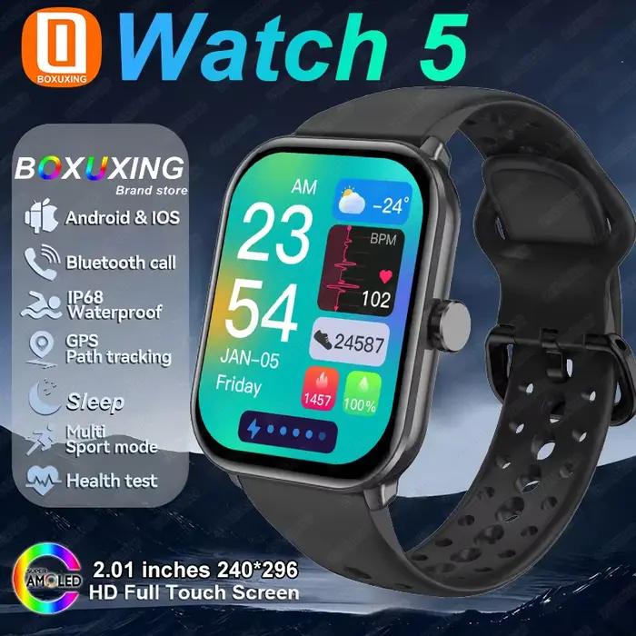 Montre Connectée Boxuxing Watch 5 Pour Hommes et Femmes, Écran AMOLED HD, Suivi GPS, Étanche, Moniteur de Fréquence Cardiaque, Fonction Voix Assistante, Plus de 100 Modes Sportifs