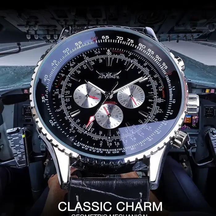 Montre pilote automatique pour hommes, sous-cadrans multifonctions militaires, montres mécaniques, marque de luxe, bracelet en cuir, horloge