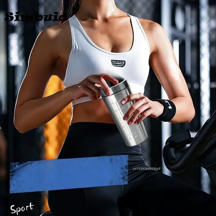 Bouteille shaker en acier inoxydable pour sportifs, fitness, gym, avec échelle à bille, anti-fuite, pour mélange de protéines et hydratation, en gris clair, jaune clair, vert clair, lassant