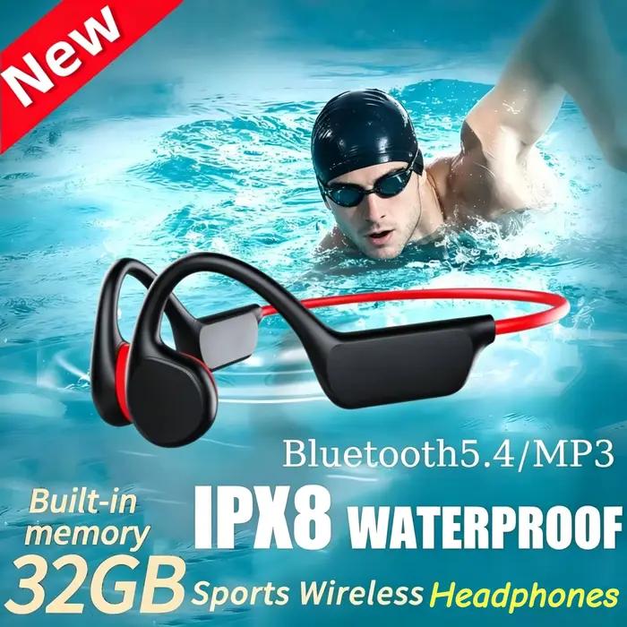 Écouteurs à Conduction Osseuse Étanche IPX8 MP3 32 Go Bluetooth 5.4 avec Micro pour la Natation