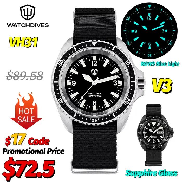 Watchdives WD1980 V3 montre Vintage VH31 mouvement à Quartz montres en acier inoxydable saphir lumineux 10Bar montre-bracelet étanche