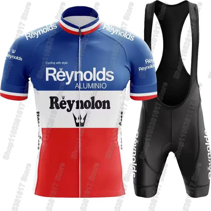 Ensemble de cyclisme rétro Reynolds maillot et cuissard de vélo de route et VTT pour hommes été polyester et Lycra styles vintage multicolores