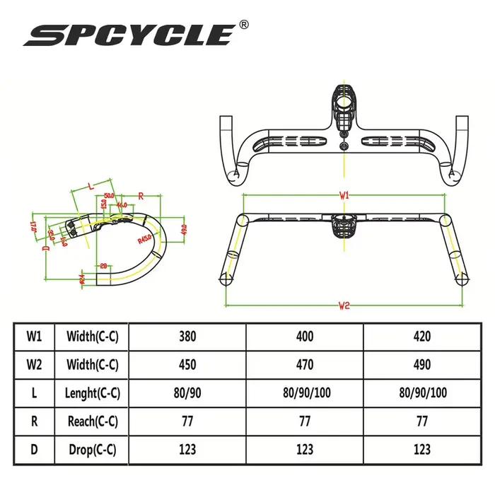 Guidon de vélo de route SPCycle Aero Carbon Gravel avec câble entièrement intégré, 28,6 mm, tige de