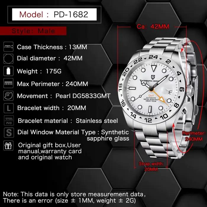 Montre pour homme PAGANI DESIGN Vintage 42MM GMT PD1682, montre mécanique automatique, saphir, acier