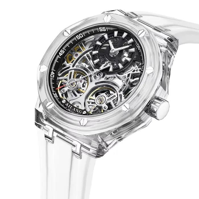 Double Tourbillon Design montre pour hommes de luxe boîtier Transparent jaune en caoutchouc Style de