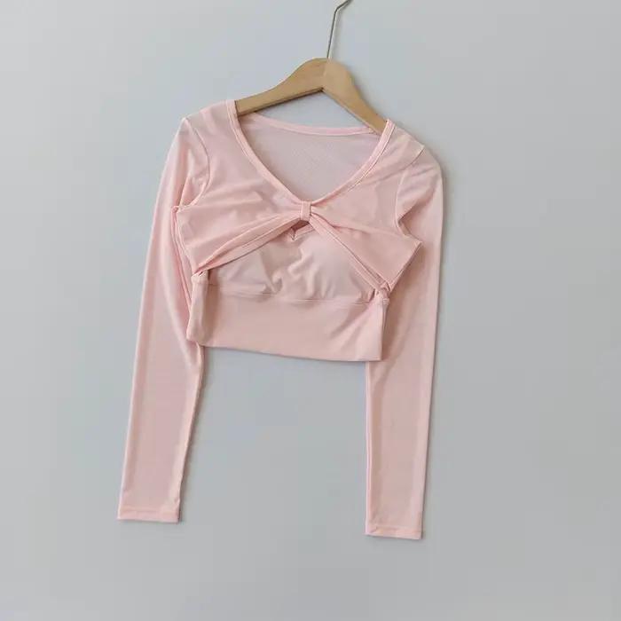 Vêtements de yoga pour femmes, nouveau style avec coussinets de poitrine, col en V, manches longues,