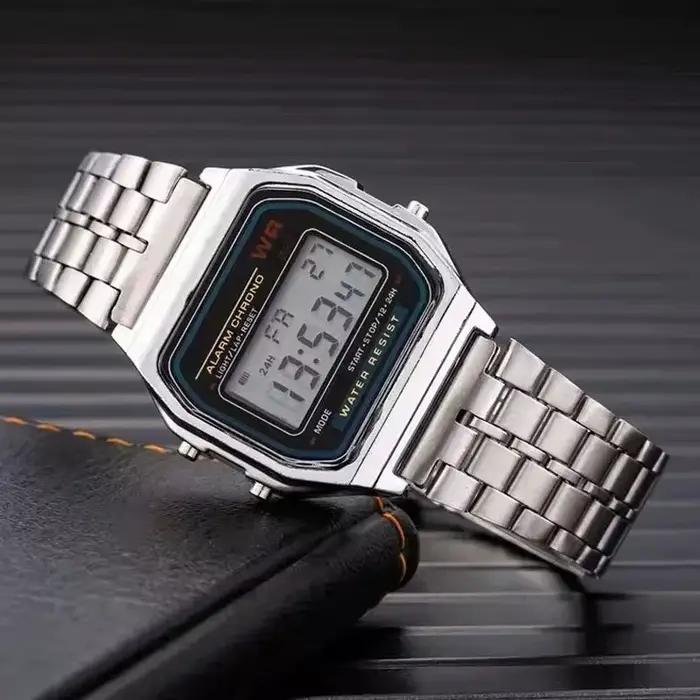 Montre numérique en acier inoxydable pour hommes et femmes, montre électronique de luxe LED or argen