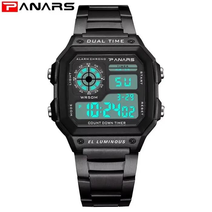 PANARS-Montre-bracelet de sport numérique étanche pour homme, bracelet en acier inoxydable, rétro-éc