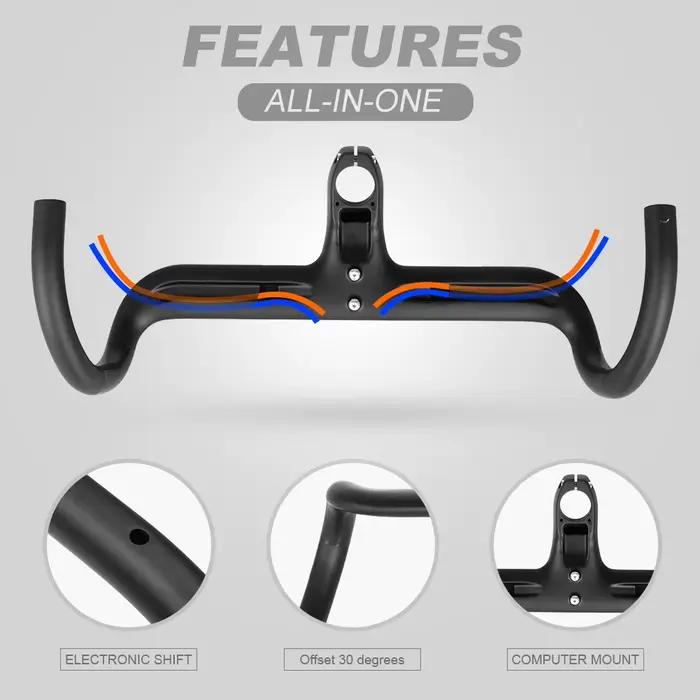 Guidon de vélo de route SPCycle Aero Carbon Gravel avec câble entièrement intégré, 28,6 mm, tige de