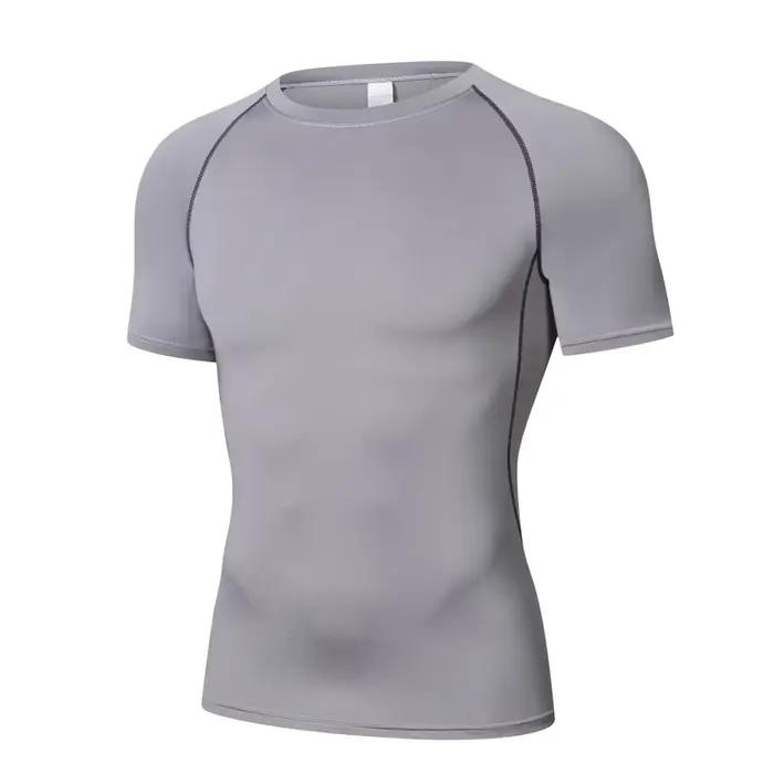 T-shirt de sport à manches courtes pour hommes, séchage rapide, haut de fitness, chemise moulante, e