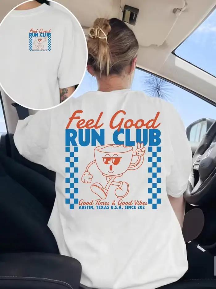 T-shirt graphique Feel Good Run Club Retro Coffee Mascot, haut décontracté à manches courtes et col