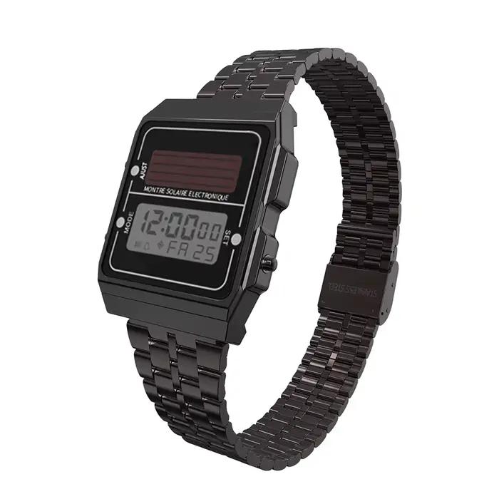Montre numérique solaire pour hommes, chronographe rétro, bracelet en acier inoxydable, étanche, mul