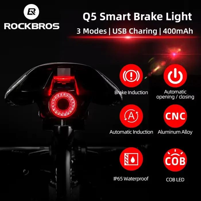 Feu arrière intelligent ROCKBROS pour vélo, détection automatique de freinage, étanche IPX6, lampe a