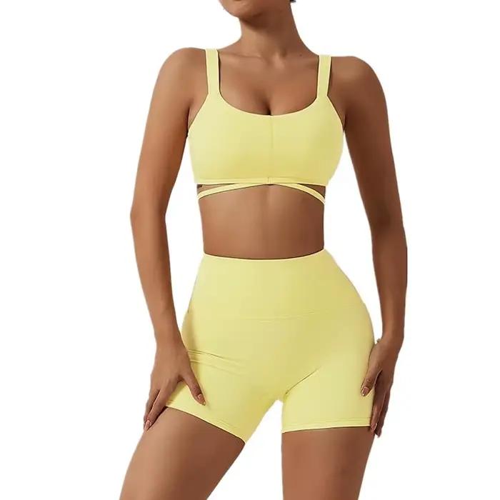 Ensembles d'entraînement pour femmes, 2 pièces, soutien-gorge de sport torsadé sur le devant, col li