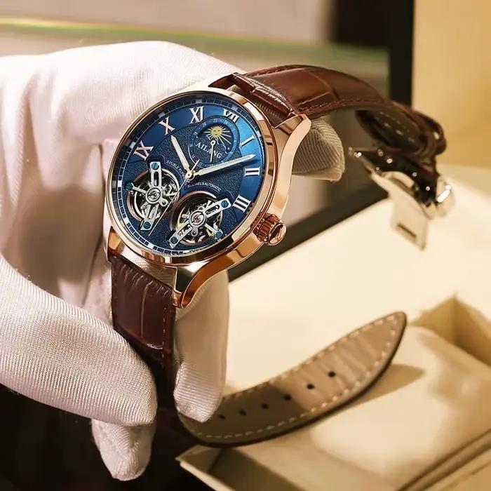 Ailang montre pour hommes double volant 2020new cuir mode acier inoxydable automatique phase de lune célèbre
