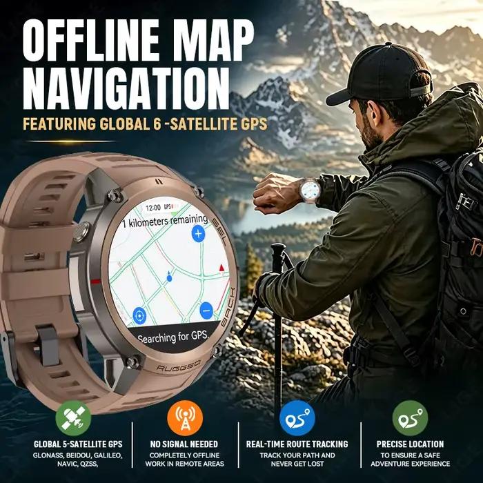 Montre connectée militaire GPS 2026, cartes hors ligne, écran AMOLED HD, étanche 5ATM, appels Bluetooth, plus de 170 modes sportifs, pour hommes, compatible Android et iOS