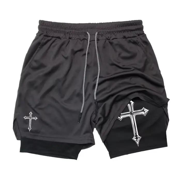 Short d'entraînement 2 en 1 imprimé croisé avec doublure de compression pour homme
