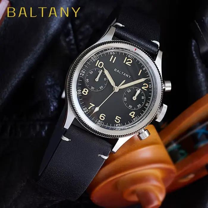 Baltany chronographe militaire homme S5054 montre à Quartz de Style rétro bracelet en cuir verre saphir 5ATM