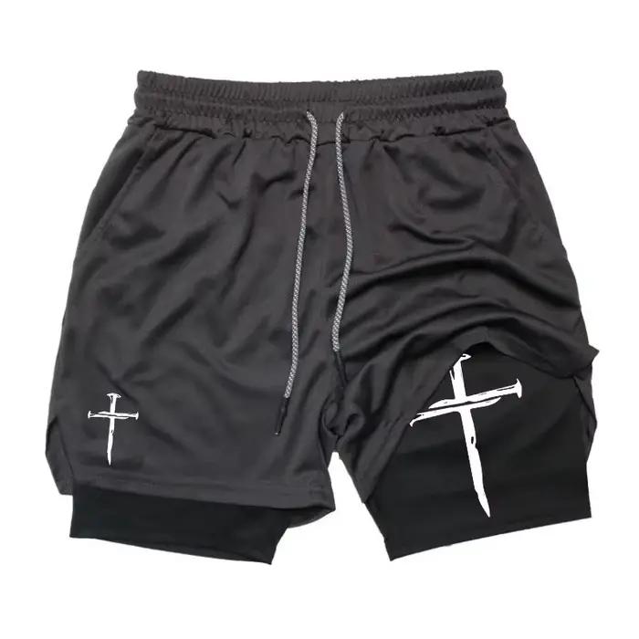 Short de course d'entraînement homme 2 en 1 polyester graphique croisé poche téléphone et boucle serviette pour course à pied et gymnastique