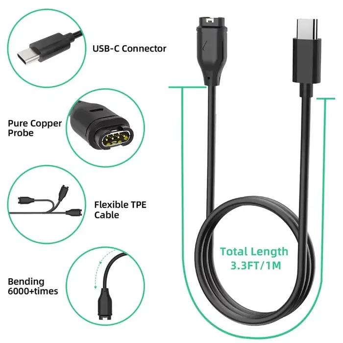 Câble de chargement USB compatible avec Garmin Vivoactive 5 4 4S 3 Quatix 7 6 6X 5