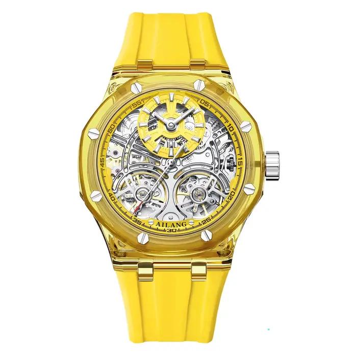 Double Tourbillon Design montre pour hommes de luxe boîtier Transparent jaune en caoutchouc Style de mode loisirs