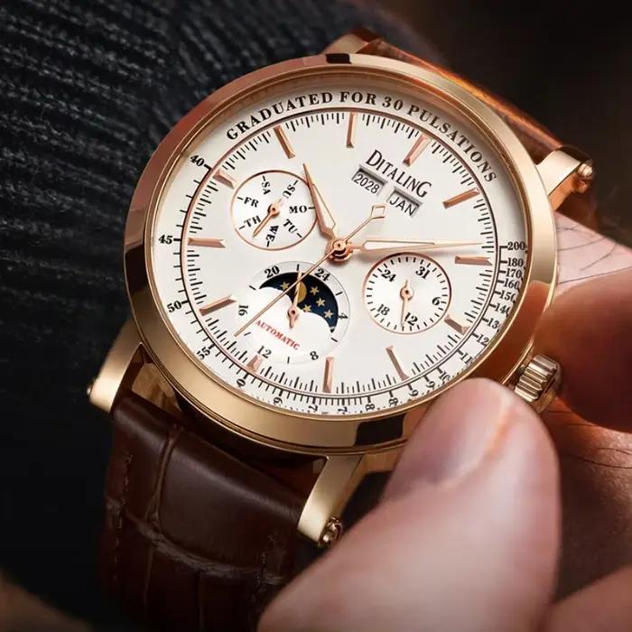 Montre de plongée LOBINNI édition limitée en acier inoxydable avec bracelet en cuir pour homme résistante à l'eau et multifonctionnelle occasions spéciales