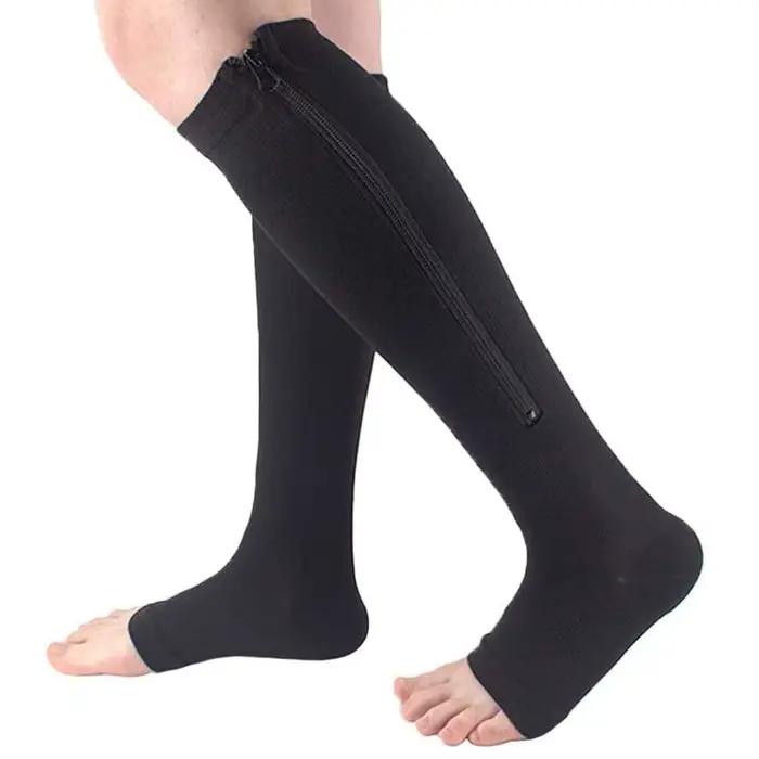 Chaussettes de Compression pour hommes et femmes, soutien du genou, fermeture éclair, bout ouvert, fines, Anti-Fatigue, extensibles, hautes, unisexes
