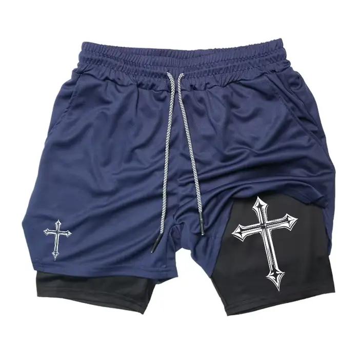 Short d'entraînement 2 en 1 imprimé croisé avec doublure de compression pour homme