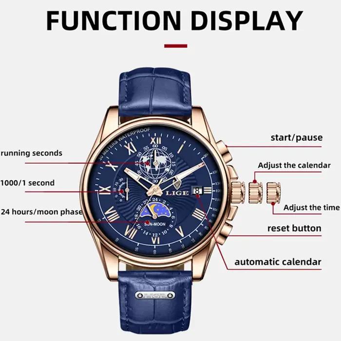 LIGE – montre-bracelet en cuir bleu pour hommes