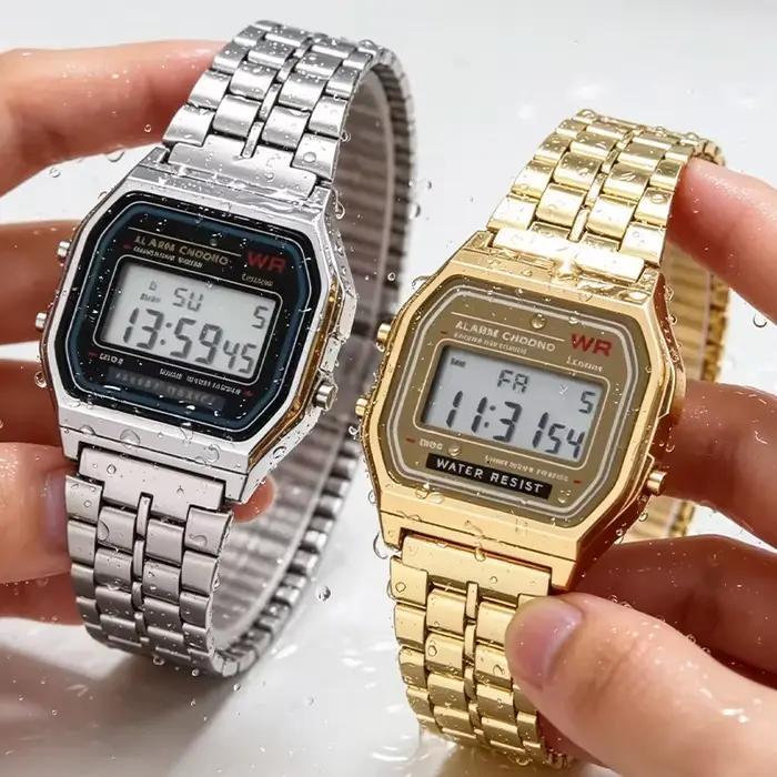 Montre numérique en acier inoxydable pour hommes et femmes