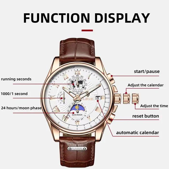 LIGE – montre en cuir originale pour hommes