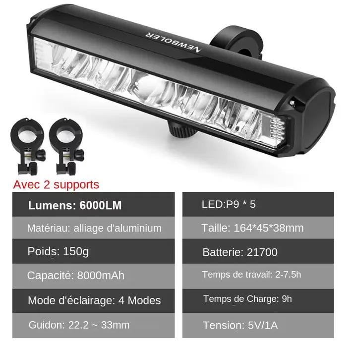 NEWBOLER vélo lumière avant 6000 Lumen