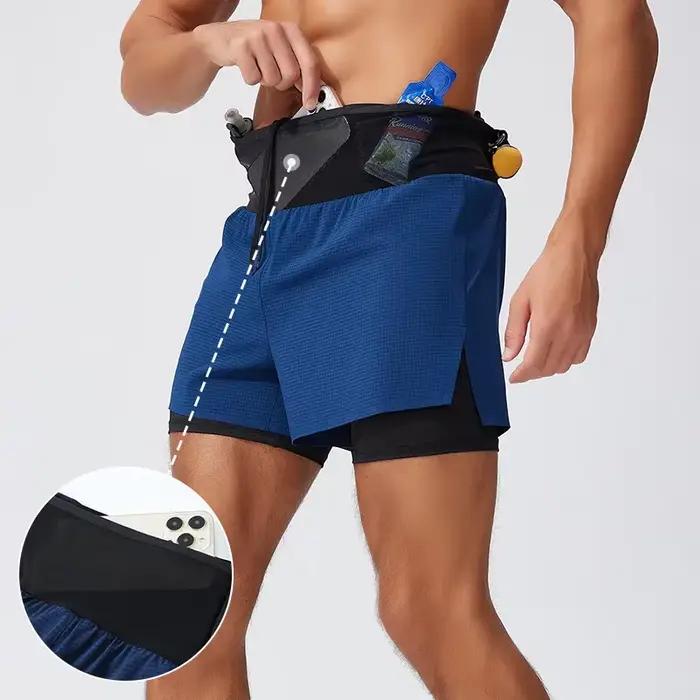 Shorts de course pour hommes 2 en 1, shorts de marathon, shorts de fitness, shorts de basket-ball, pantalon d'entraînement multi-poches, shorts de sport à double couche pour hommes Polyester Elasthanne