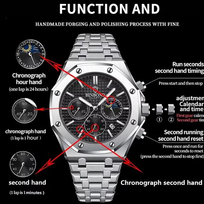 BINBOND 0161 marque homme montre à Quartz de luxe lumineux chronographe montre-bracelet en acier inoxydable étanche hommes Date calendrier horloge
