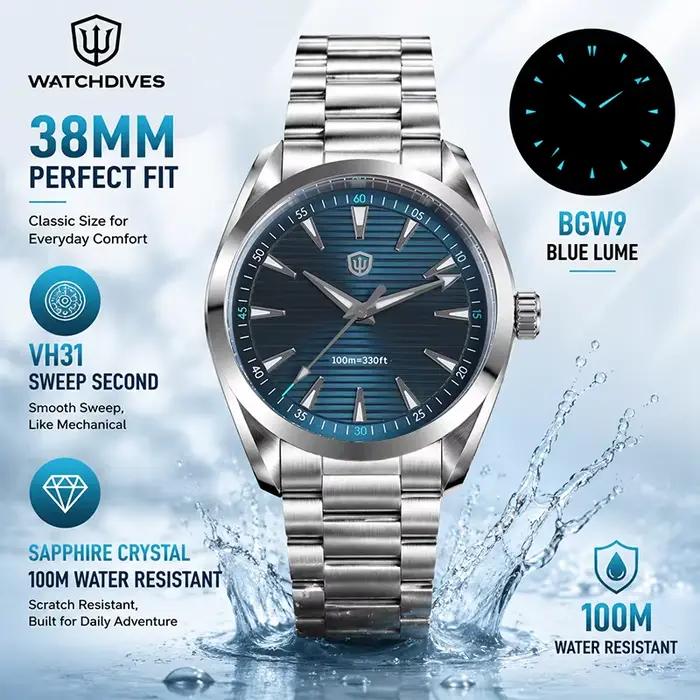 Watchdives WD0006 montre VH31 balayage deuxième mouvement dôme saphir cristal BGW9 lumineux 10Bar étanche 38mm montres Vintage